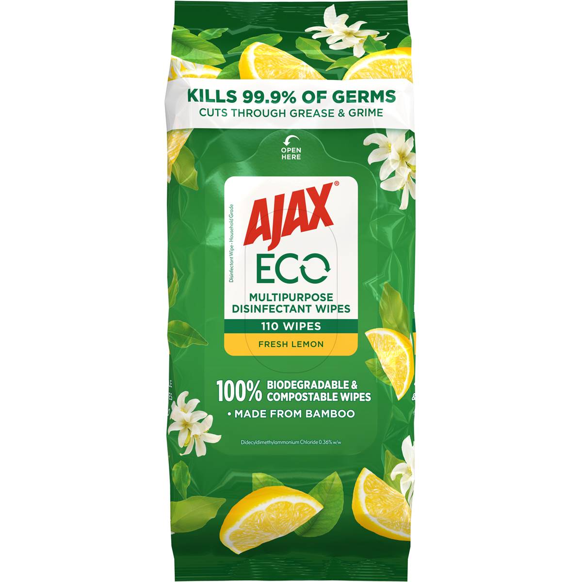 Ajax Eco Disinfectant Wipes Multipurpose Fresh Lemon110pk