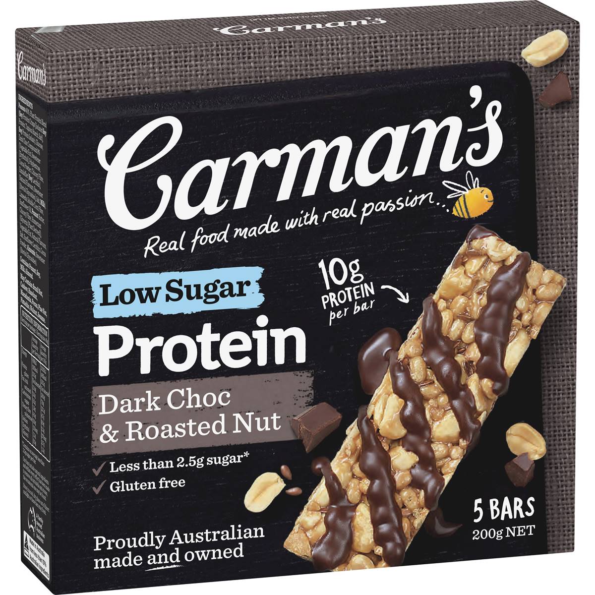 Carmans Protein Bar Dark Choc & Roasted Nut Low Sugar 5pk 200g