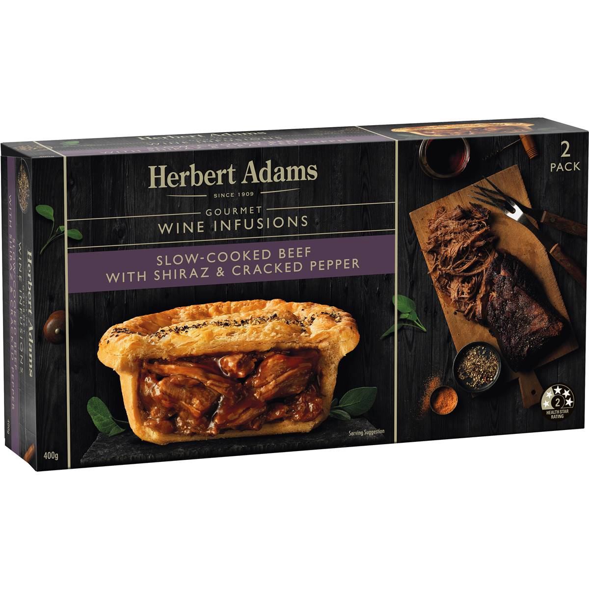 Herbert Adams Pies Slow Cooked Beef with Shiraz & Cracked Pepper 2pk 400g