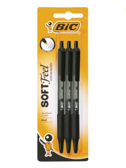 Bic Soft Feel Retractable Pen Black 3pk