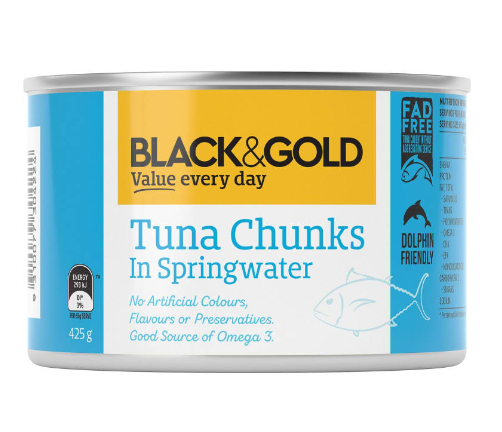 Black & Gold Tuna Chunks in Springwater 425g