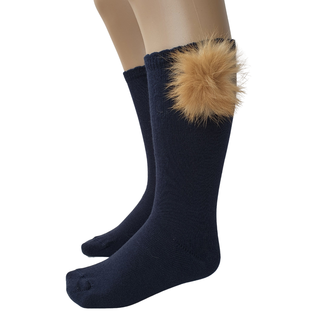 Carlomagno 2956 Fluff Pom Pom Knee High Sock Navy 4