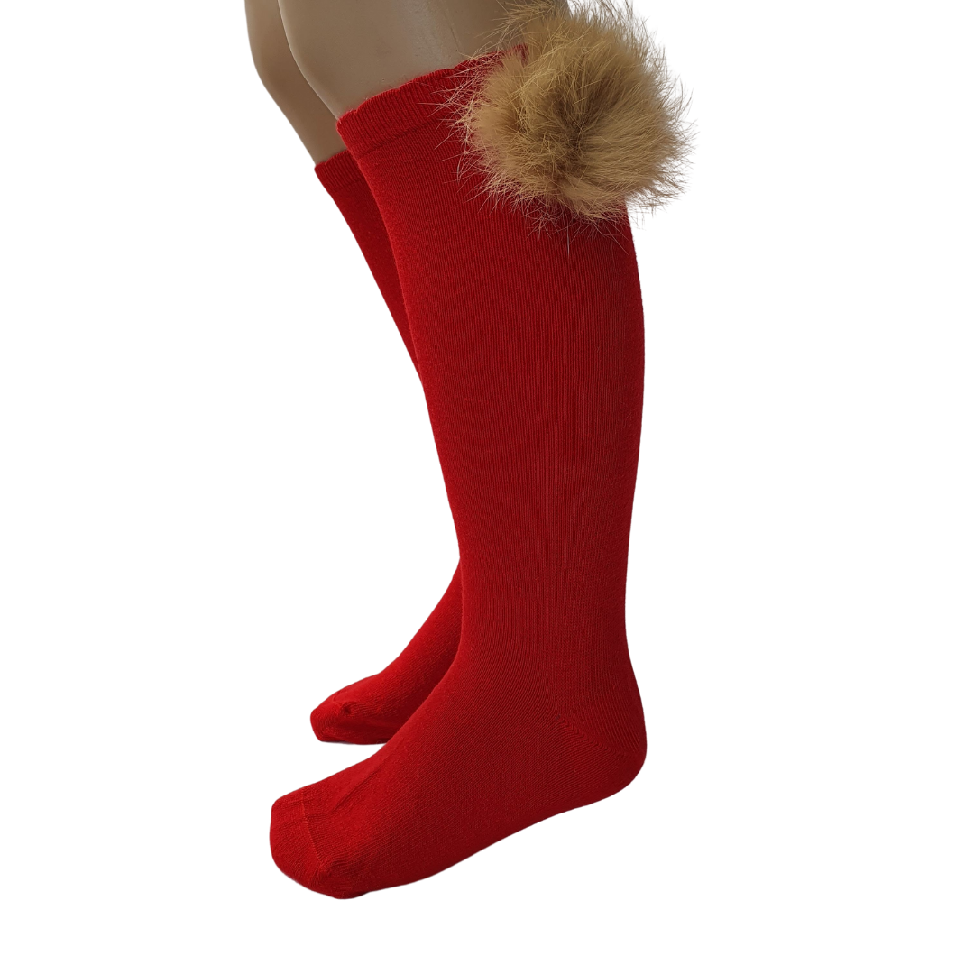 Carlomagno 2956 Fluff Pom Pom Knee High Sock Red 4