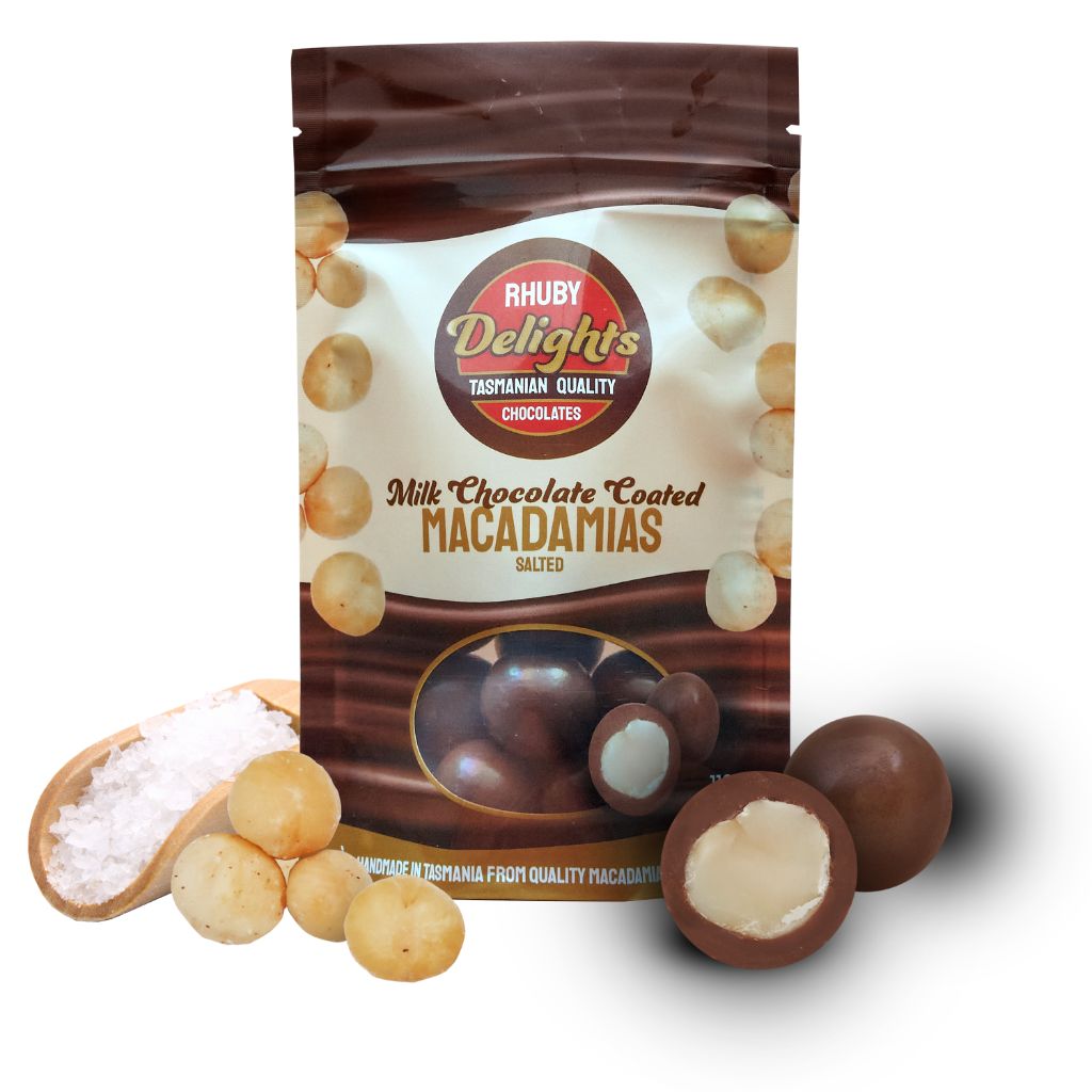 Rhuby Delights Chocolate Coated Macadamias Salted 110g