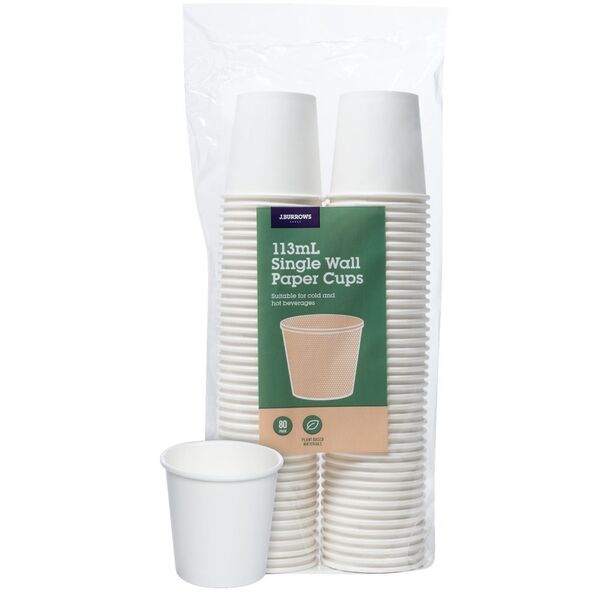 J Burrows Single Wall Paper Cups 113ml 80pk